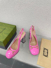 GG WOMEN'S HORSEBIT SLINGBACK 95MM IN FUSICA PINK CALFSKIN WITH RHINSTONES