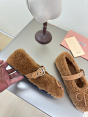 SHEARLING BALLET FLAT BROWN WITH SUEDE STRAP