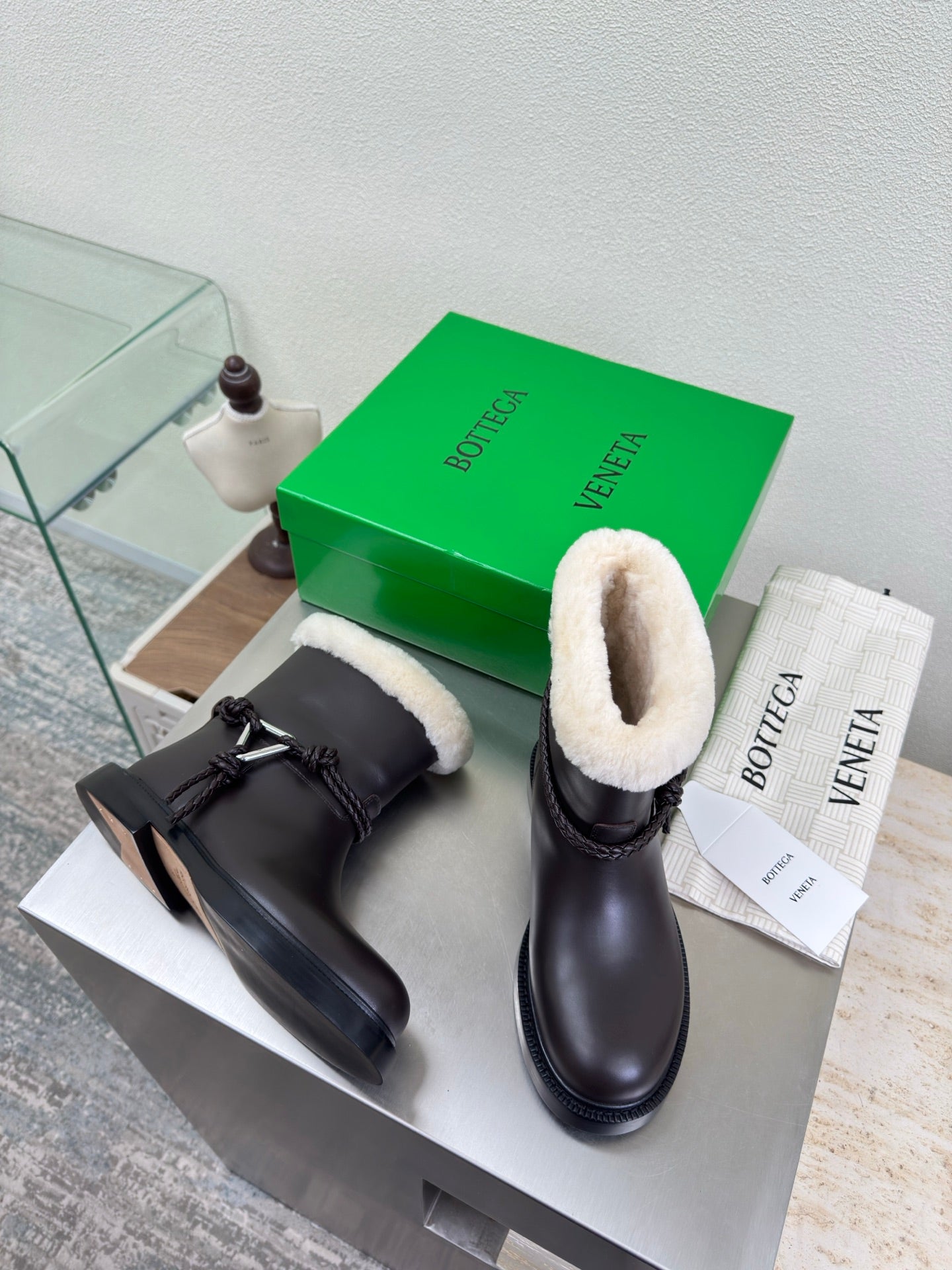 BOTTEGA VENETA 26S FUR-LINED BOOTS IN DARK BROWN CALFSKIN AND WHITE WOOL