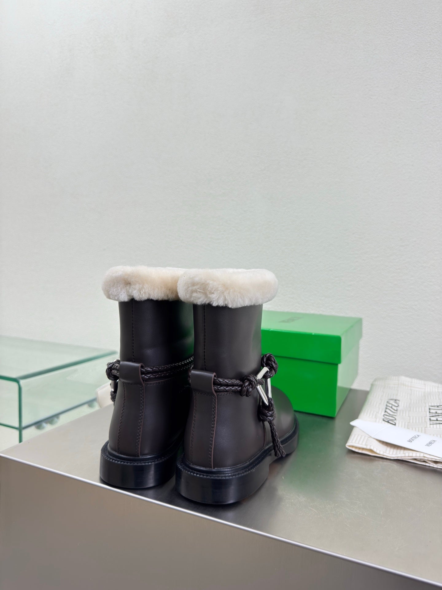 BOTTEGA VENETA 26S FUR-LINED BOOTS IN DARK BROWN CALFSKIN AND WHITE WOOL