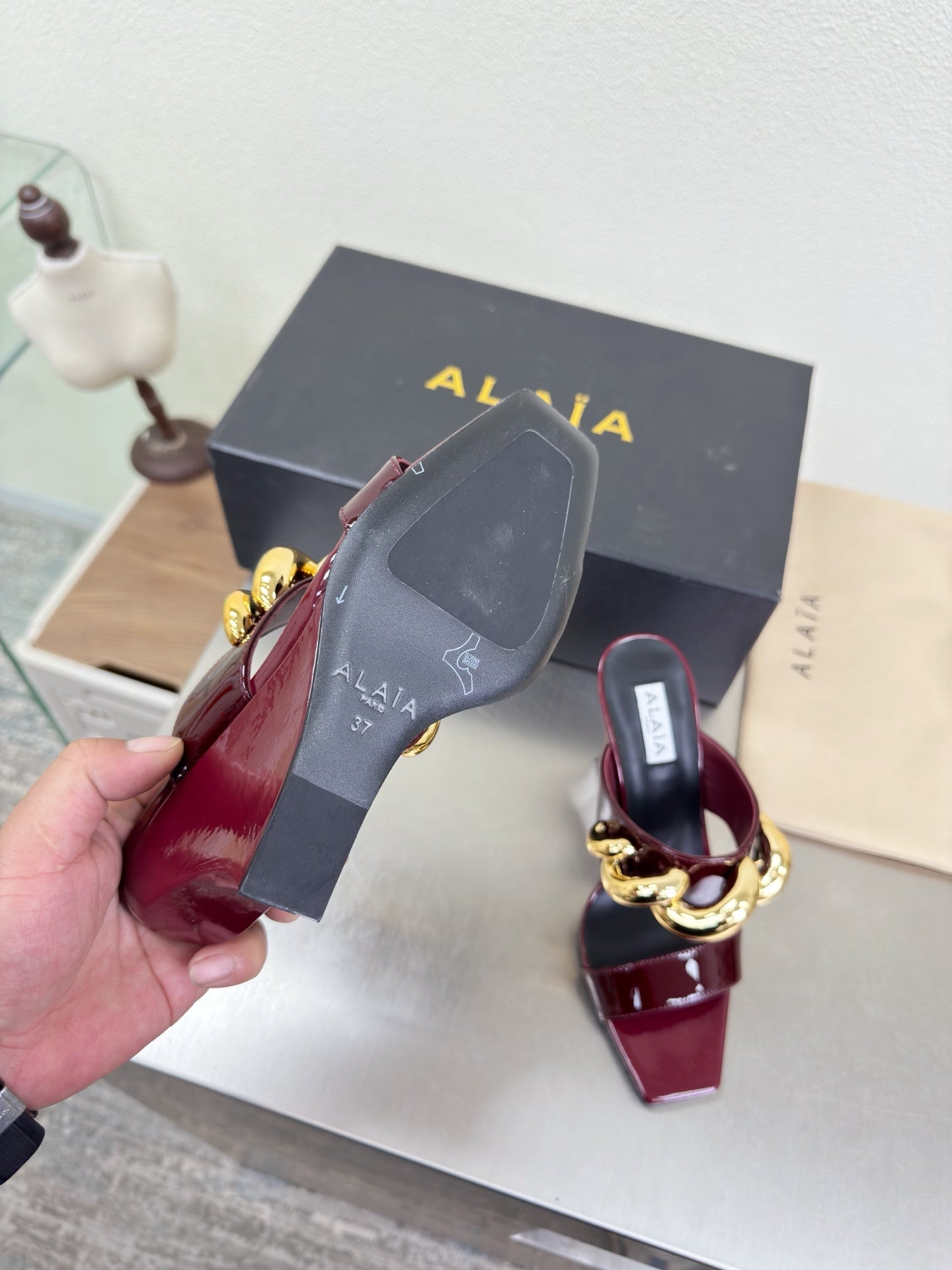 ALAIA 26S DOUBLE STRAP WEDGE SANDALS 110 MM IN DARK RED GLOSSY CALFSKIN WITH GOLD HARDWARE