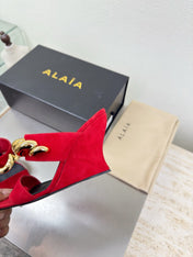 ALAIA 26S DOUBLE STRAP WEDGE SANDALS 110 MM IN RED SUEDE WITH GOLD HARDWARE