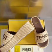 FENDI PLATFORM WEDGES IN BEIGE RAFFIA WITH BROWN EMBROIDERED LOGO