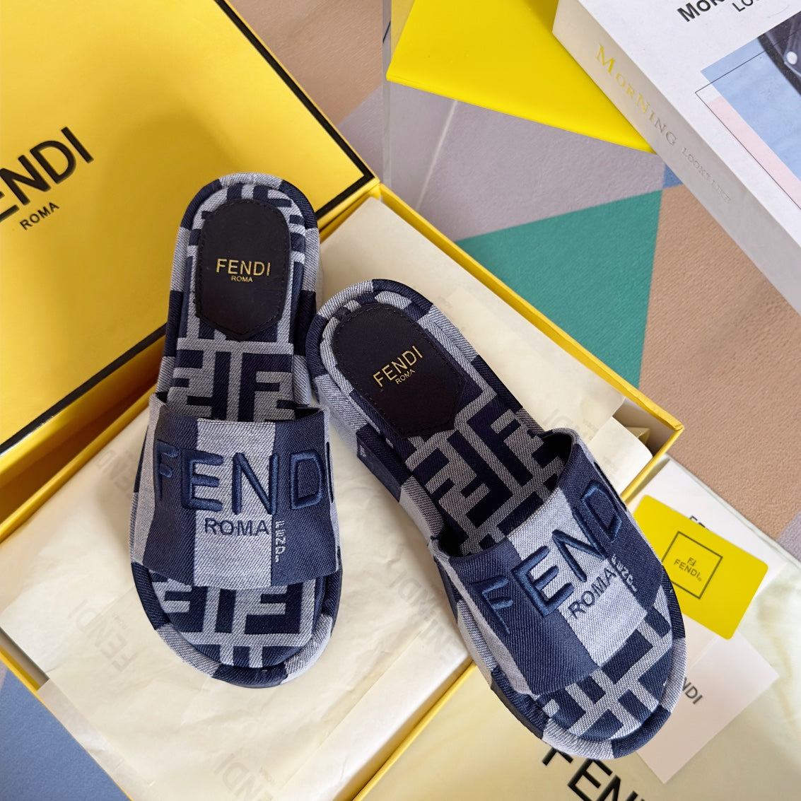 FF Sunshine 65 Blue Dark Grey Canvas Flatform Slide