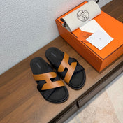 HM 26S KAZIMIR SANDAL IN CARAMEL BROWN CALFSKIN AND BLACK FABRIC