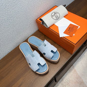HM 26S H CUT PLATFORM SLIDES IN LIGHT BLUE SUEDE CORK SOLE