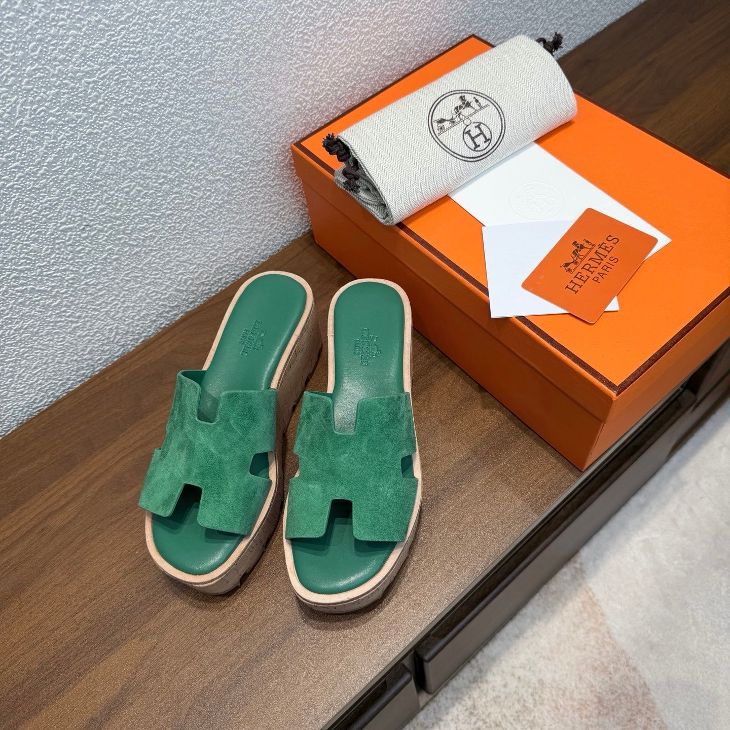 HM 26S H CUT PLATFORM SLIDES IN EMERALD GREEN SUEDE CORK SOLE