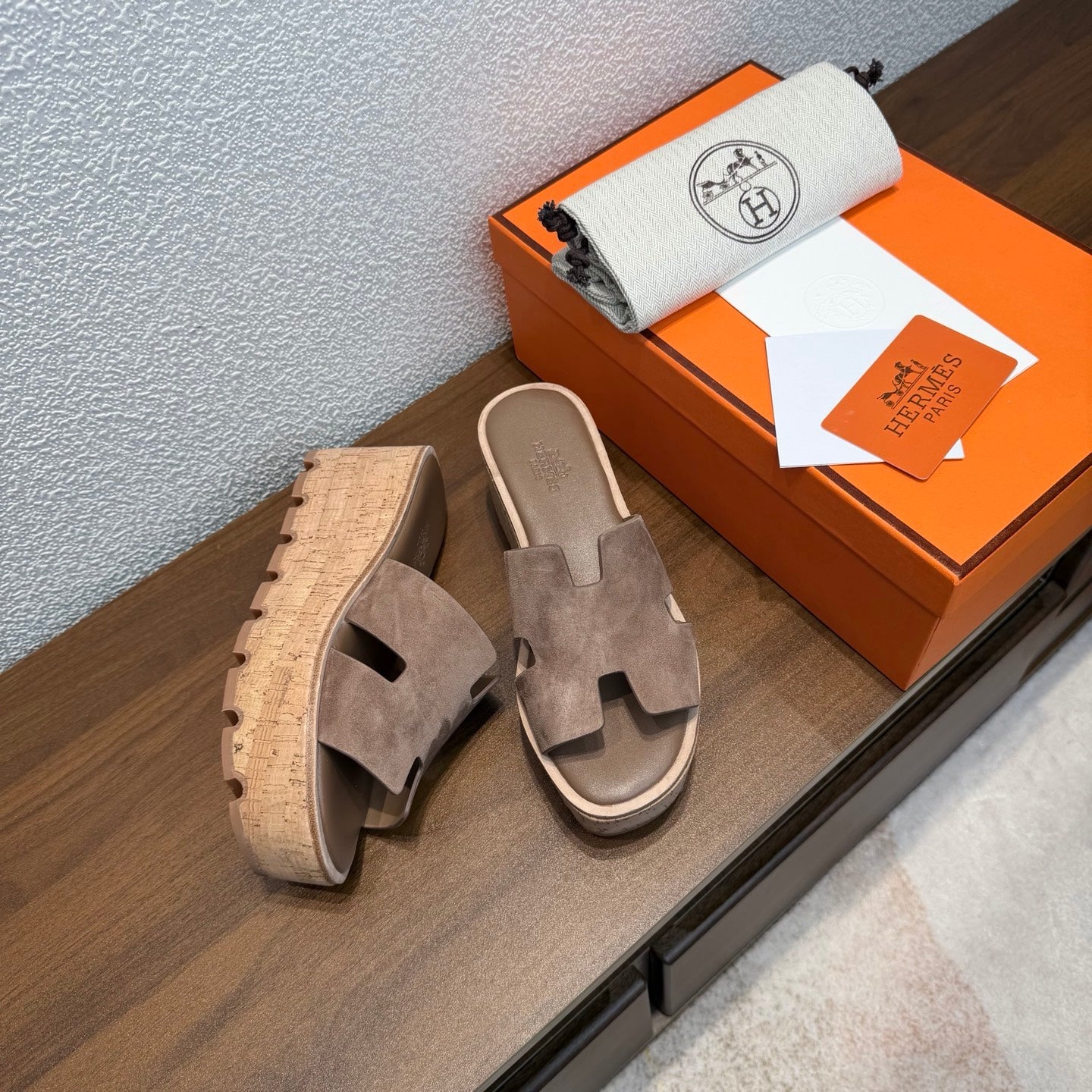 HM 26S H CUT PLATFORM SLIDES IN CHOCOLATE BROWN SUEDE CORK SOLE