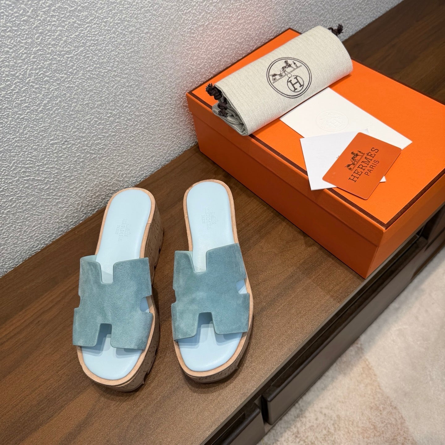 HM 26S H CUT PLATFORM SLIDES IN DUSTY BLUE SUEDE CORK SOLE