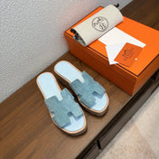 HM 26S H CUT PLATFORM SLIDES IN DUSTY BLUE SUEDE CORK SOLE