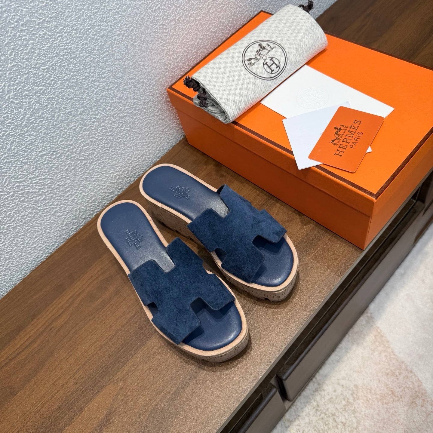 HM 26S H CUT PLATFORM SLIDES IN NAVY BLUE SUEDE CORK SOLE
