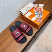 HM 26S KELLY BUCKLE DOUBLE STRAP SANDALS IN BURGUNDY RED CALFSKIN