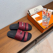HM 26S KELLY BUCKLE DOUBLE STRAP SANDALS IN BURGUNDY RED CALFSKIN