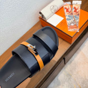 HM 26S KELLY BUCKLE DOUBLE STRAP SANDALS IN BLACK AND ORANGE CALFSKIN
