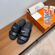 HM 26S KELLY BUCKLE DOUBLE STRAP SANDALS IN BLACK CALFSKIN