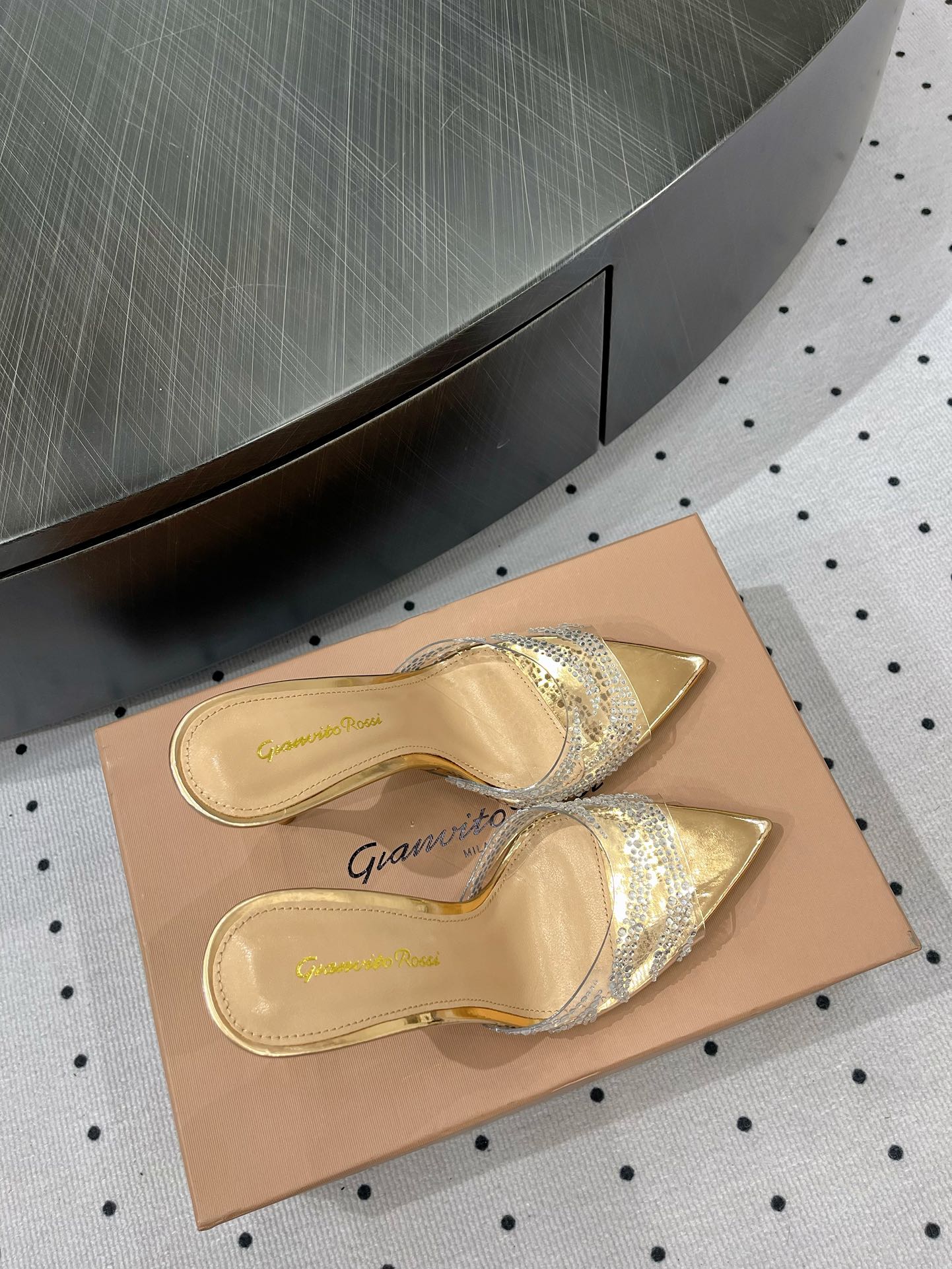 GIANVITO ROSSI 26S HIGH-HEEL SANDALS 110 MM IN GOLD RHINESTONE PVC