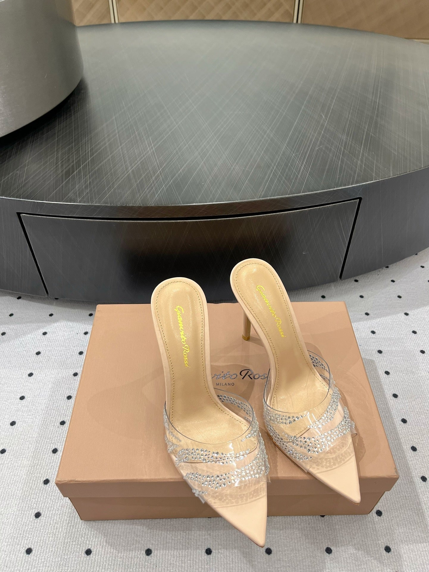 GIANVITO ROSSI 26S HIGH-HEEL SANDALS 110 MM IN BEIGE RHINESTONE PVC