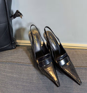 POINTED-TOE SLINGBACK PUMPS IN BLACK SHINY CALFSKIN