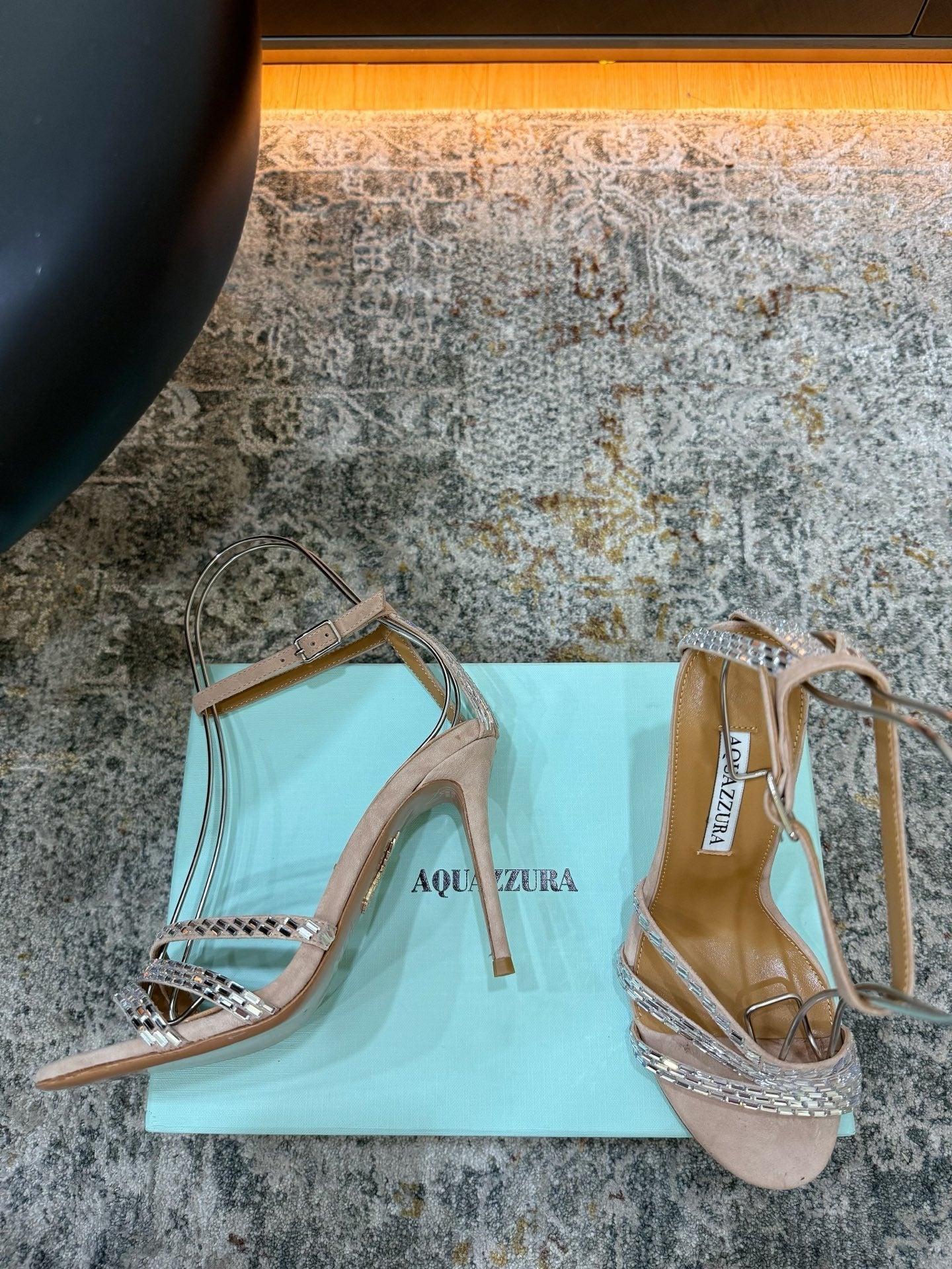 AQUAZZURA 26S HEELED SANDALS 95 MM IN BEIGE SUEDE CRYSTAL-EMBELLISHED STRAPS