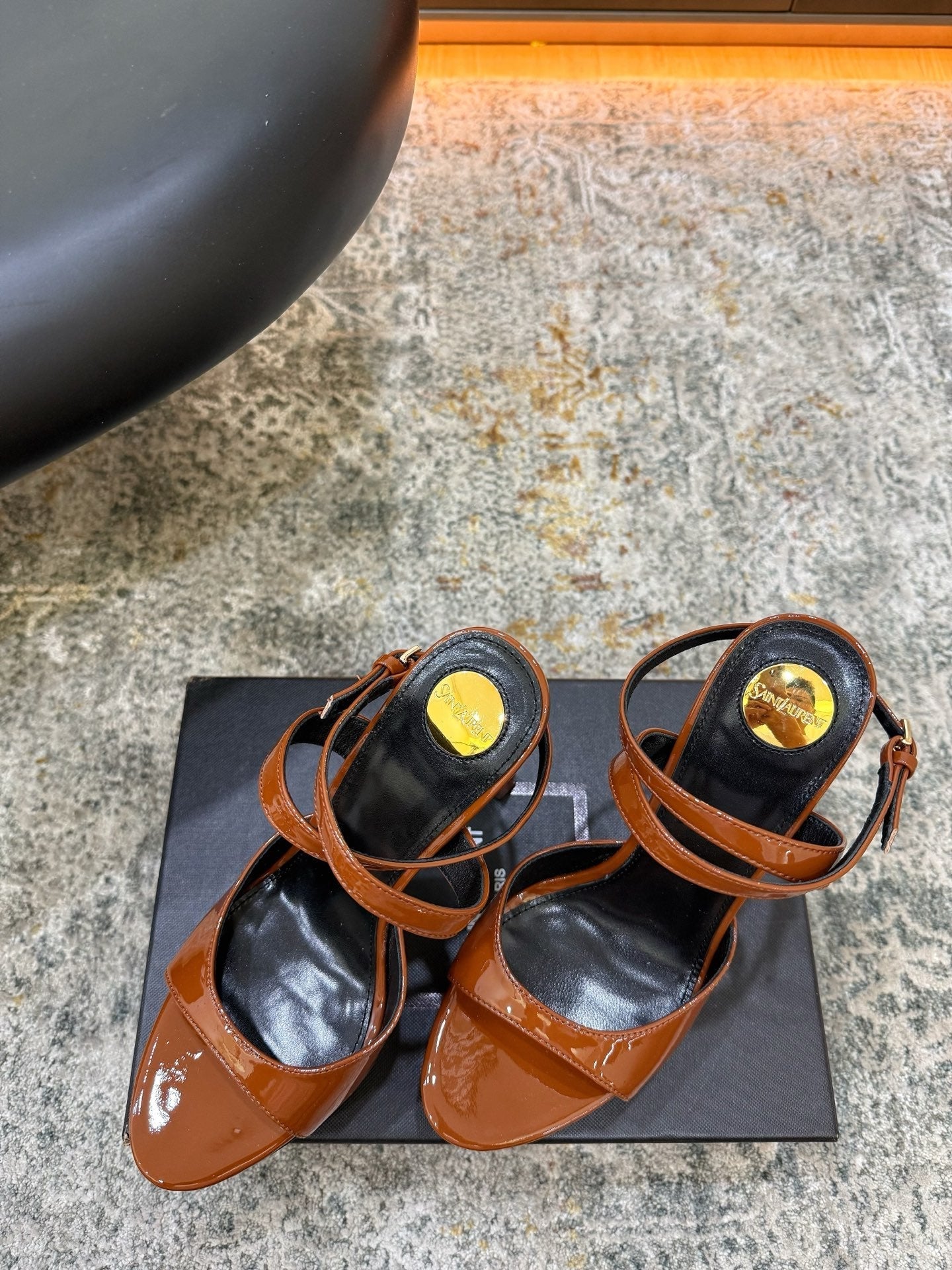 YSL 26S HIGH-HEEL SANDALS 130 MM IN COGNAC BROWN GLOSSY CALFSKIN