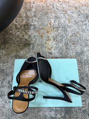 AQUAZZURA 26S PEEP-TOE SANDALS 100 MM IN BLACK MESH AND SATIN