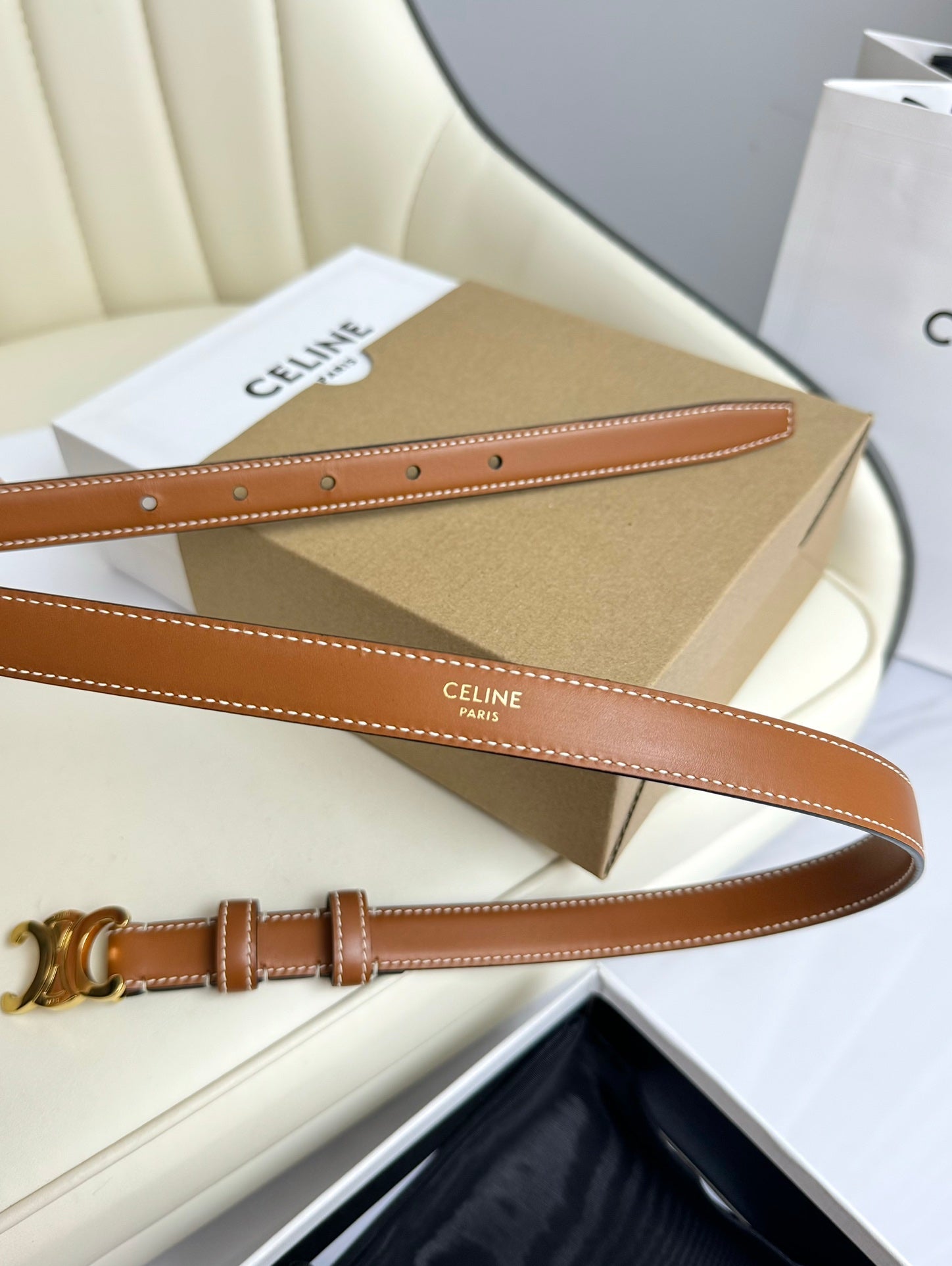 SMALL TRIOMPHE BELT 18 MM BRONZE BROWN LEATHER GOLD HARDWARE