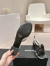 HIGH SANDAL WITH PEARL CHAIN BLACK LAMBSKIN WITH WHITE RHINESTONES