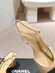 HIGH SLINGBACKS IN BEIGE CREAM LAMBSKIN AND BLACK SATIN
