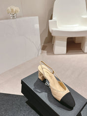 HIGH SLINGBACKS IN BEIGE CREAM LAMBSKIN AND BLACK SATIN