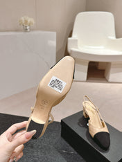 HIGH SLINGBACKS IN BEIGE CREAM LAMBSKIN AND BLACK SATIN