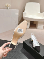 HIGH SLINGBACKS IN WHITE LAMBSKIN AND BLACK SATIN