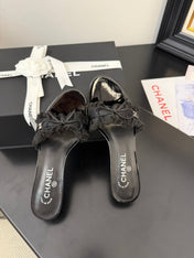 BLACK GROSGRAIN CANVAS BOW MULE SANDALS 65 MM