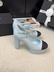 FLATFORM SANDAL IN LIGHT BLUE CALFSKIN AND BLACK FABRIC