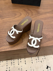 CHANEL 26S WEDGE SANDALS 95 MM IN DARK BROWN CALFSKIN