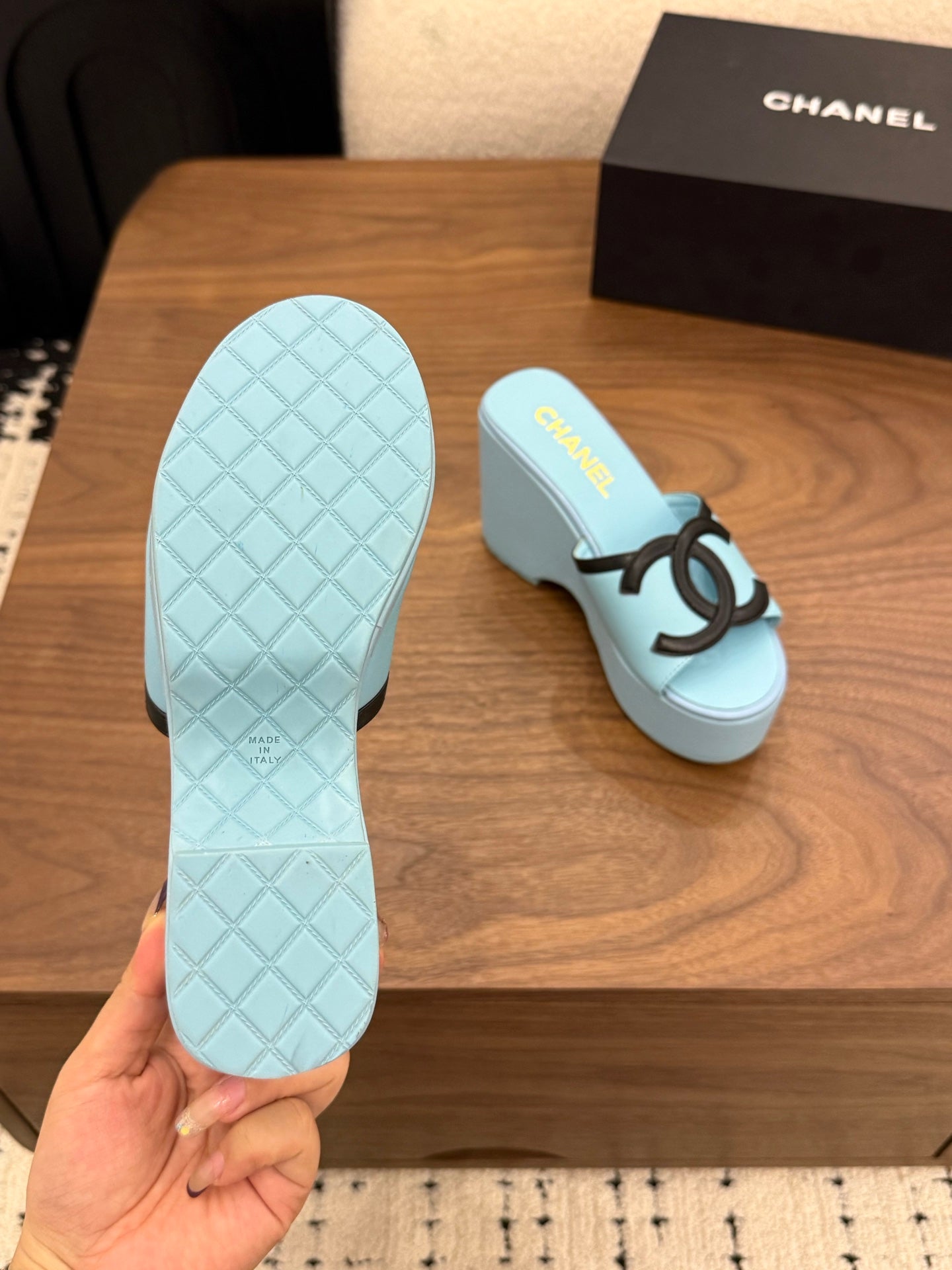 CHANEL 26S WEDGE SANDALS 95 MM IN PASTEL BLUE CALFSKIN