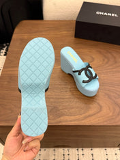 CHANEL 26S WEDGE SANDALS 95 MM IN PASTEL BLUE CALFSKIN