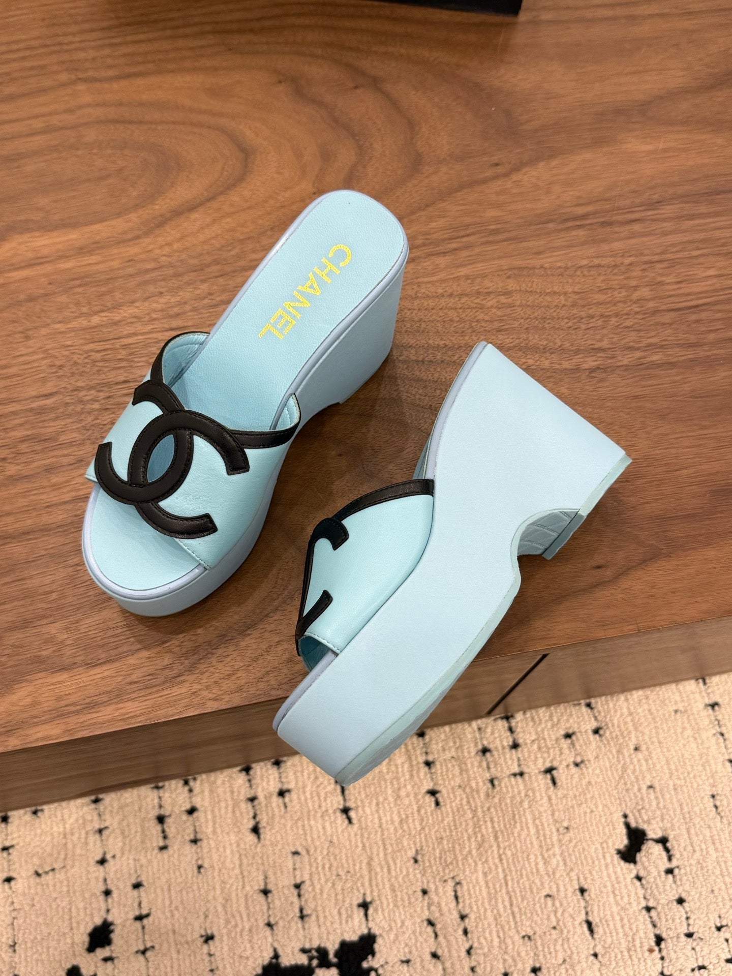 CHANEL 26S WEDGE SANDALS 95 MM IN PASTEL BLUE CALFSKIN