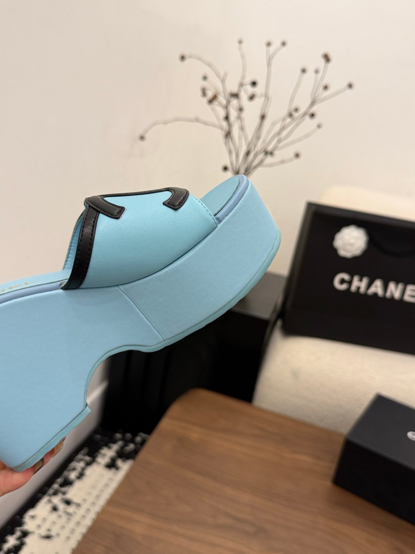 CHANEL 26S WEDGE SANDALS 95 MM IN PASTEL BLUE CALFSKIN