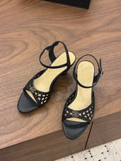 CHANEL 26S HIGH-HEELED BACK-STRAP SANDALS 60 MM IN BLACK WOVEN LAMBSKIN
