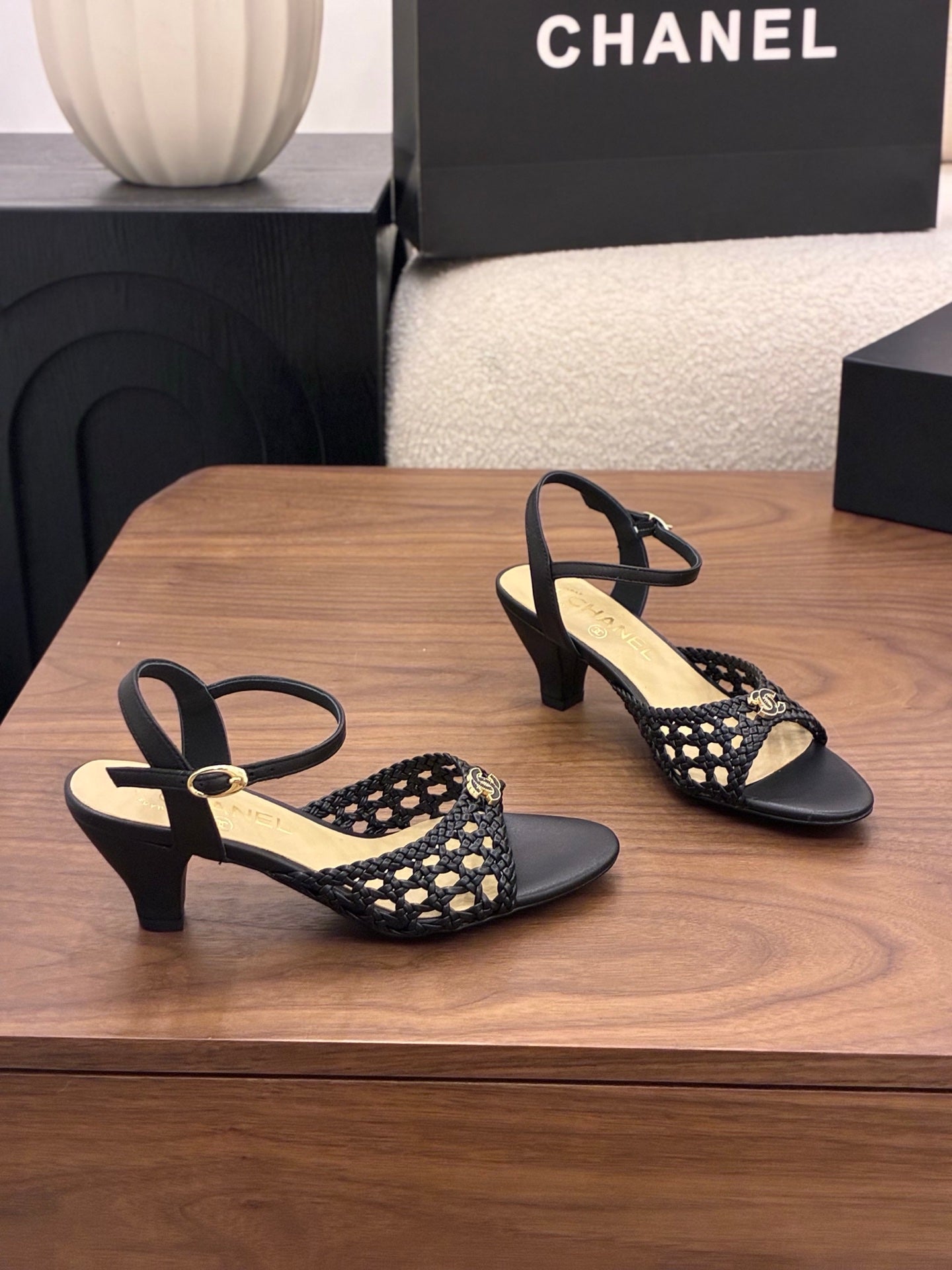 CHANEL 26S HIGH-HEELED BACK-STRAP SANDALS 60 MM IN BLACK WOVEN LAMBSKIN