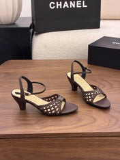 CHANEL 26S HIGH-HEELED BACK-STRAP SANDALS 60 MM IN DARK BROWN WOVEN LAMBSKIN