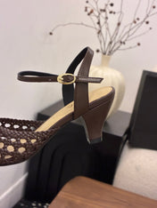 CHANEL 26S HIGH-HEELED BACK-STRAP SANDALS 60 MM IN DARK BROWN WOVEN LAMBSKIN