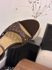CHANEL 26S HIGH-HEELED BACK-STRAP SANDALS 60 MM IN DARK BROWN WOVEN LAMBSKIN