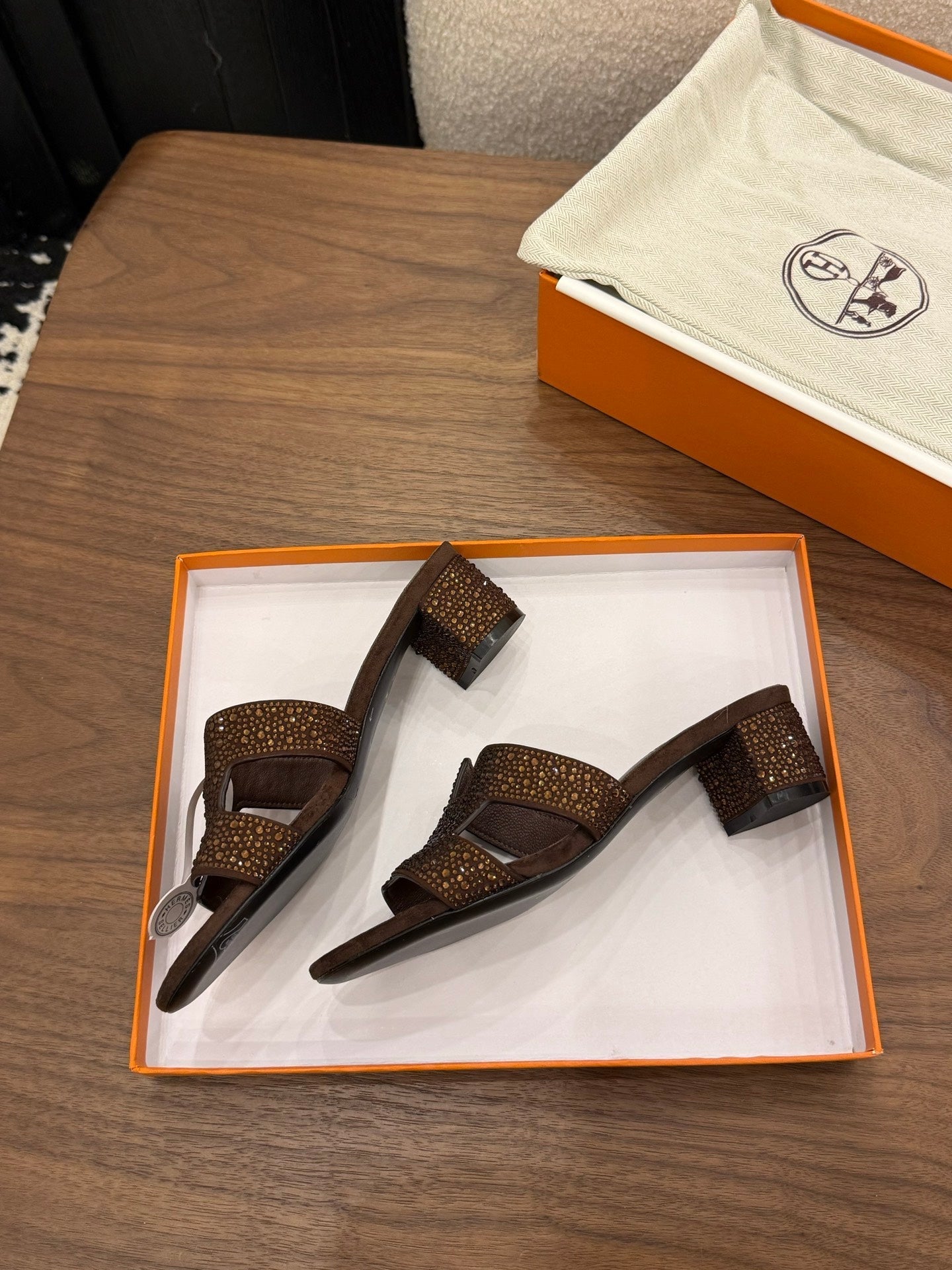 HM 26S OASIS SANDAL IN DARK BROWN SUEDE WITH CRYSTALS