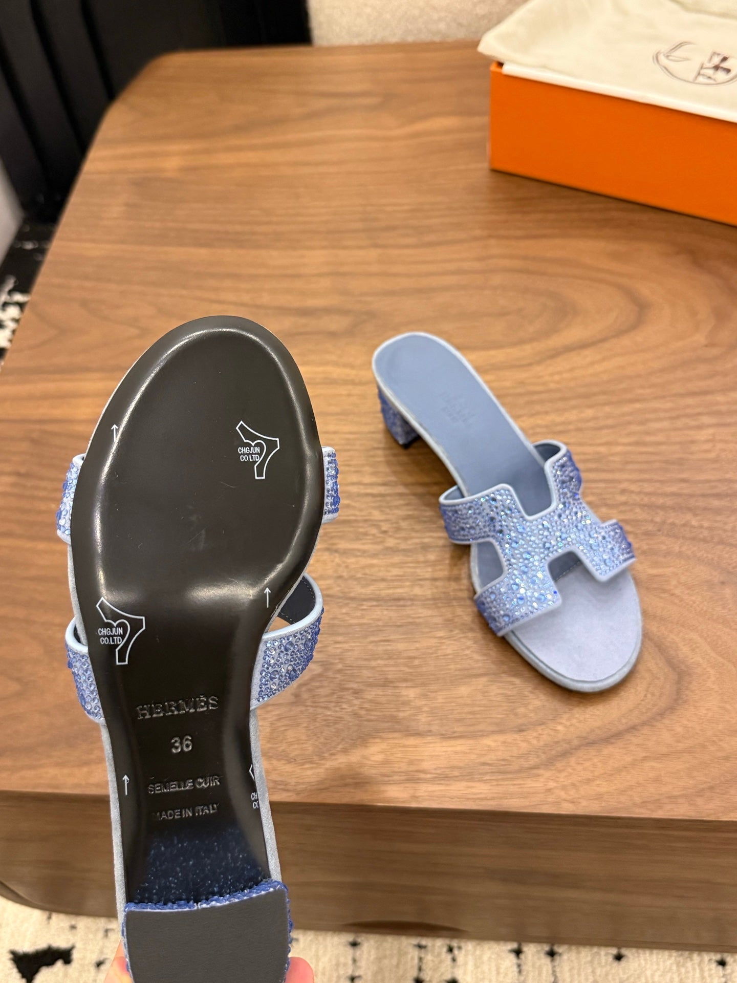 HM 26S OASIS SANDAL IN DUSTY BLUE SUEDE WITH CRYSTALS