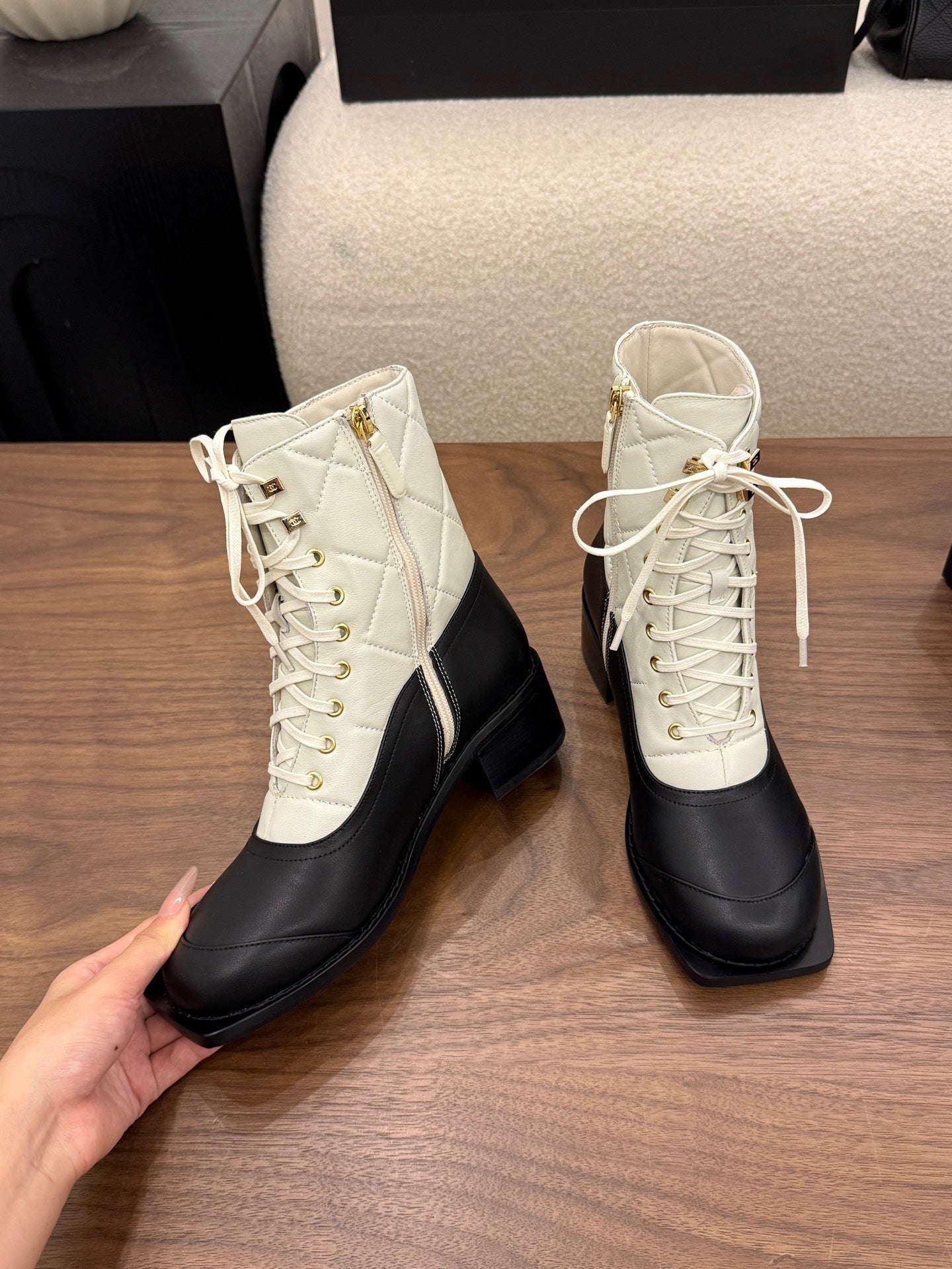 CHANEL 26S LACE UP HIGH TOP BOOTS 45 MM IN BLACK AND WHITE CALFSKIN