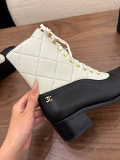 CHANEL 26S LACE UP HIGH TOP BOOTS 45 MM IN BLACK AND WHITE CALFSKIN