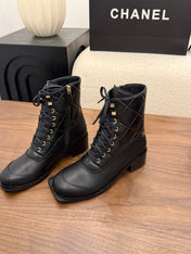 CHANEL 26S LACE UP HIGH TOP BOOTS 45 MM IN BLACK CALFSKIN