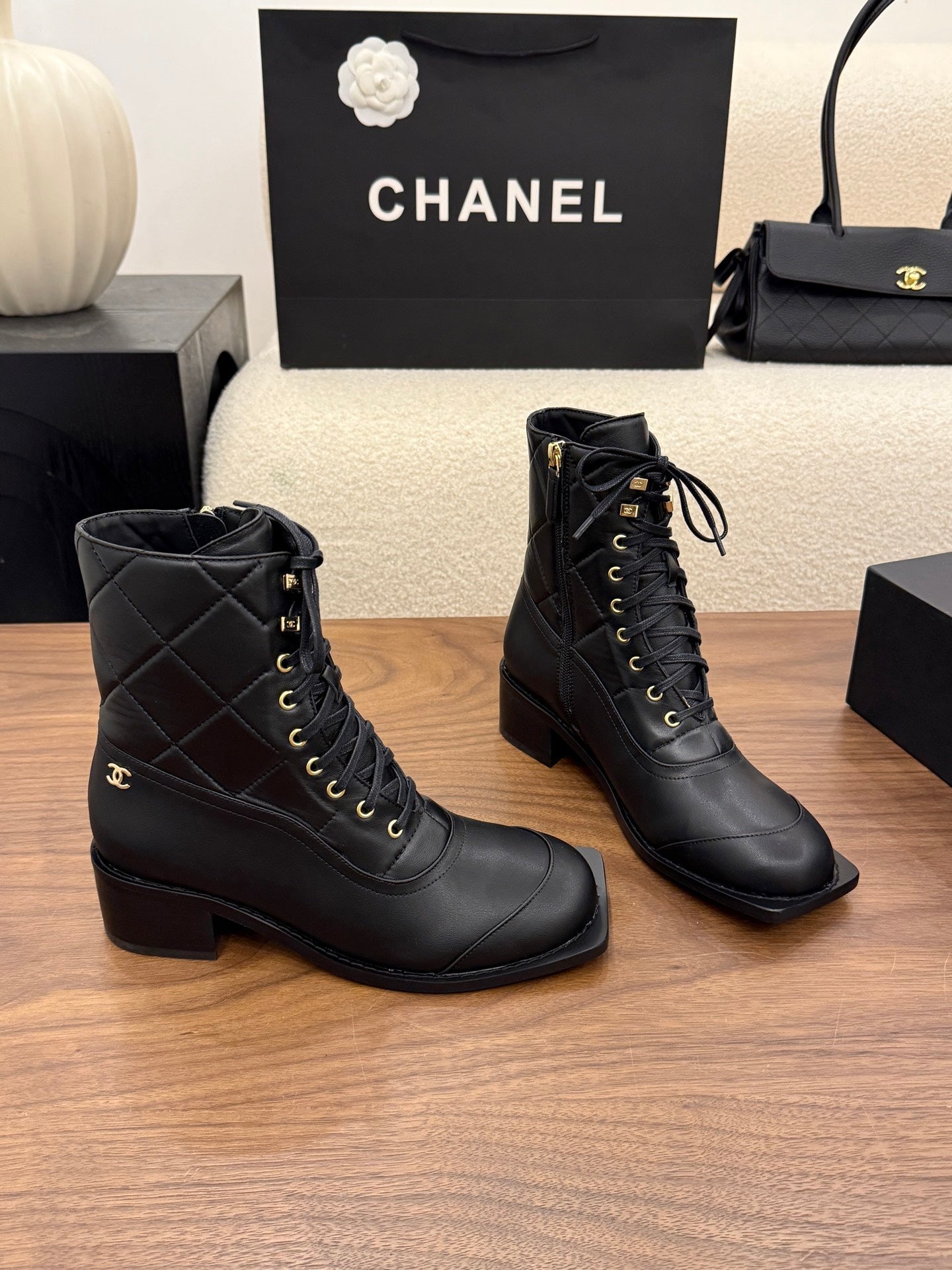 CHANEL 26S LACE UP HIGH TOP BOOTS 45 MM IN BLACK CALFSKIN