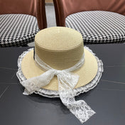 CHANEL 26S LACE & FLORAL TRIM STRAW HAT 337936